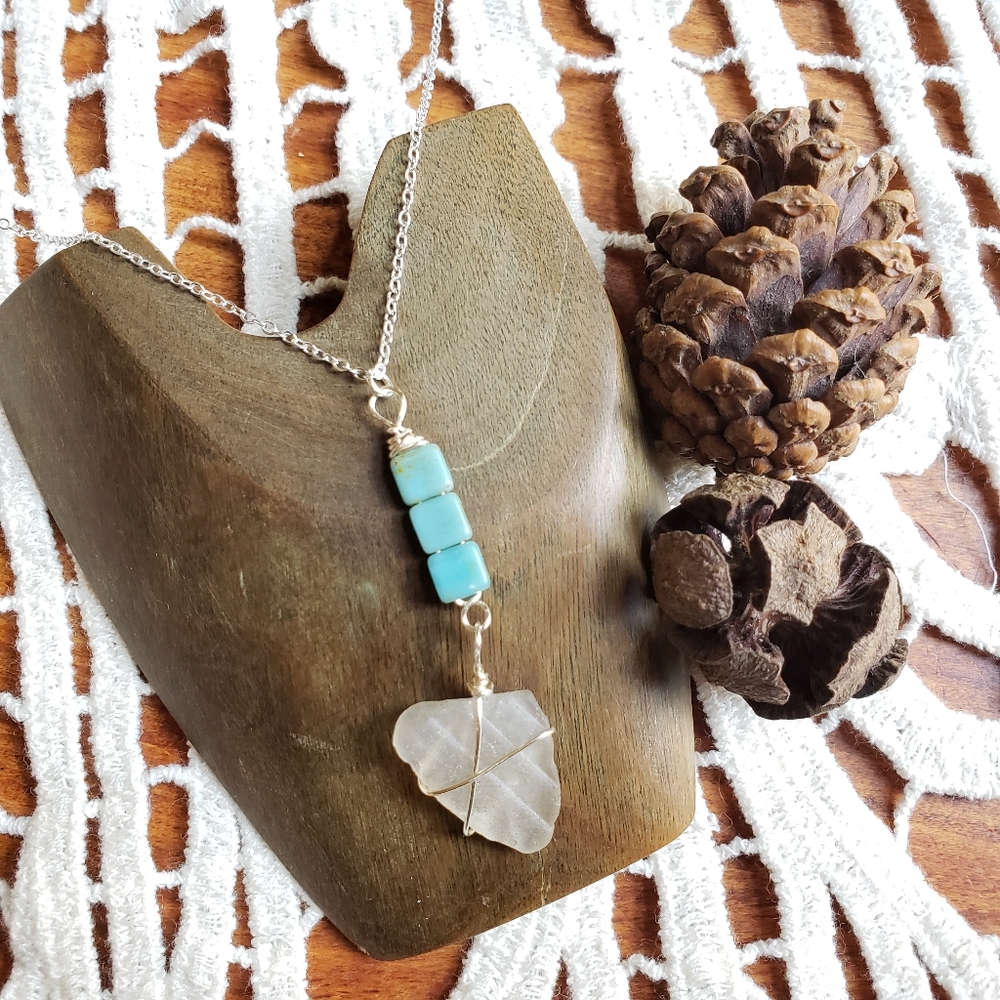 Handmade Wire Wrapped Long Island Turquoise Glass & White Beach Glass Necklace